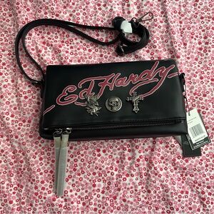 Ed Hardy Black and Pink Clutch with Skull Accents